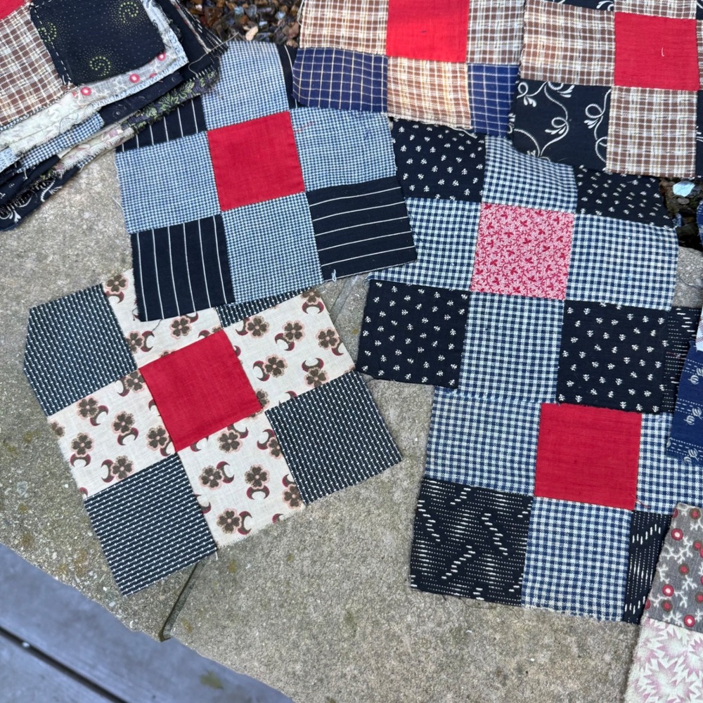 Vintage Nine Patch Quilt Block 6.5x6.5 Red Blue Black Fabric Random Pull